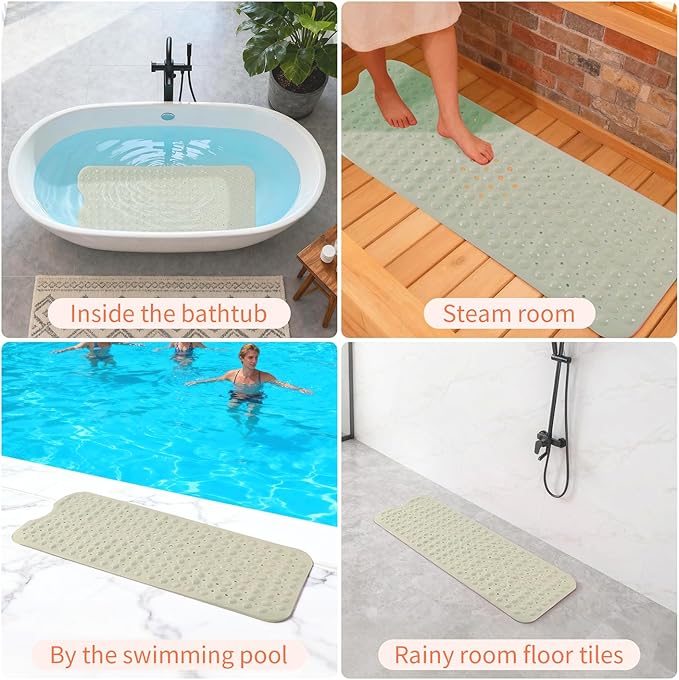 Anti-Slip Bathtub Shower mat, 39.3×15.7 inch(Approximately 100 × 40cm) Soft Oversized Machine Washable Non-Slip Bathtub mat with Drainage Holes, Bathroom Floor Suction Cup.(1-Opaque Khaki)
