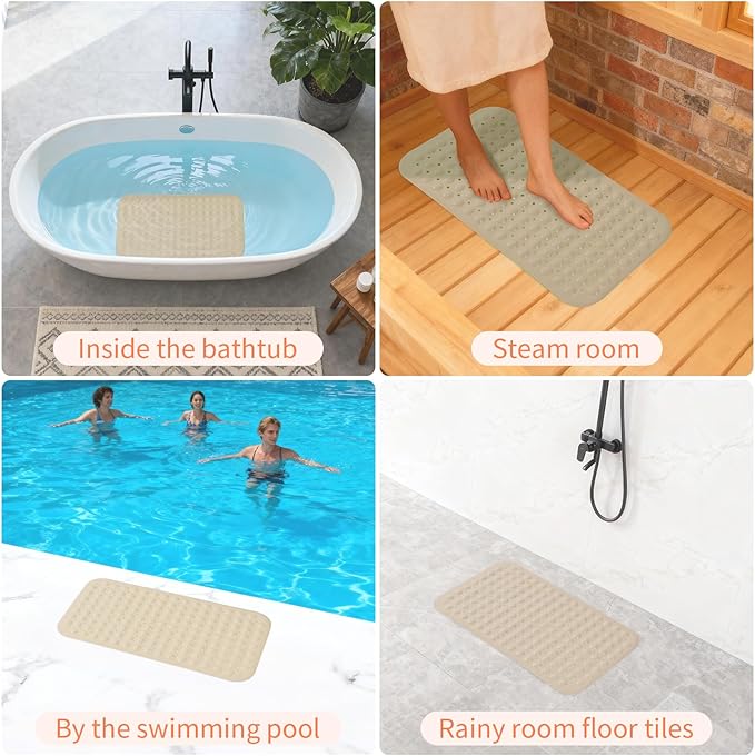 Anti-Slip Bathtub Shower mat, 27.5×14.5(Approximately 70×37cm) inch Soft Oversized Machine Washable Non-Slip Bathtub mat with Drainage Holes, Bathroom Floor Suction Cup.(1-Opaque Khaki)
