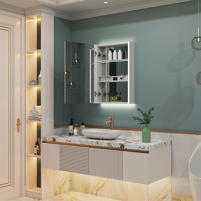 WELLFOR 24" x 30" LED Mirrored Bathroom Cabinet, Mirror Medicine Cabinet with Lights, Defogging LED Mirror Cabinet with Outlets & USB Ports, Surface Mounted, Left Opening Door, Hardwired Connected