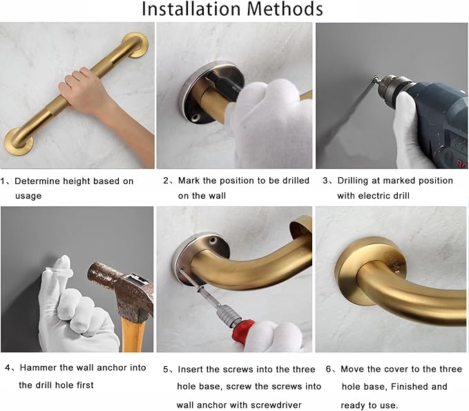 Shower Grab Bar, 2 Pack 32 Inch Gold Bathroom Grab Bar, 1.25" Diameter 304 Stainless Steel Anti-Slip Grab Bars for Bathtubs and Showers, Handicap Shower Grab Bar for Seniors Elderly