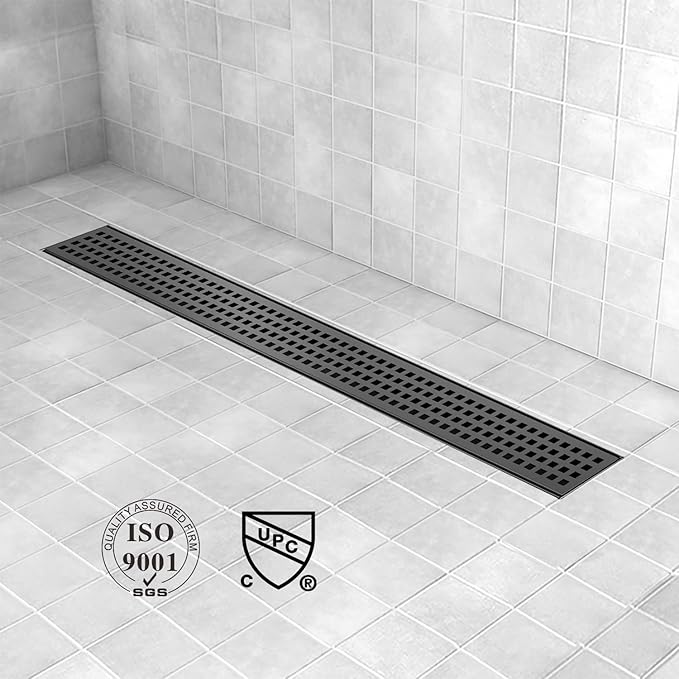 Offset Linear Shower Drain, Matte Black Shower Drain 36 inch with Removable Grate Cover, Brushed 304 Stainless Steel Side Outlet Black Shower Floor Drain with Hair Catcher and Leveling Feet