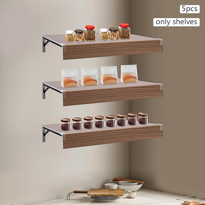 33 Inch Floating Shelves for Wall, 16 Inch Deep Hanging Shelf, Large Display & Storage Shelf for Bathroom, Bedroom, Living Room, Set of 5 (Dark Wood Color, 24 Inch)