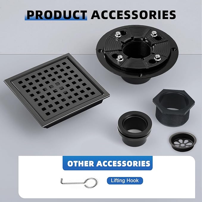 morefine Square Shower Drain with Flange, Shower Drain 6 inch with Removable Grate Cover, SUS 304 Stainless Steel, Matte Black