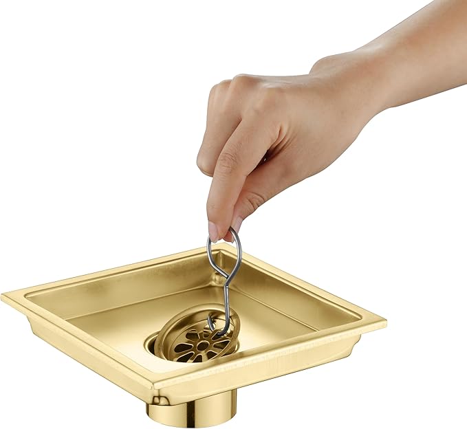 4 Inch Square Shower Floor Drain, Brushed Nickel High Flow Shower Drain Kit with Flange with Hair Filter, Removable Grate Cover, Stainless Steel, Abs Fixing Tray, CUPC Certified (Brushed Gold)