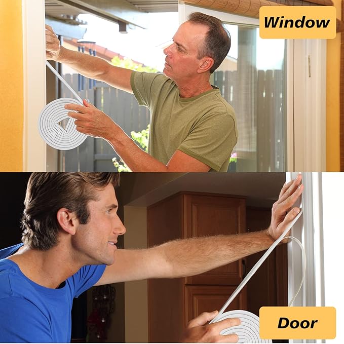 SUNMON Weather Stripping Door Seal Strip, 33Feet (10M) D-Type Soundproofing, Self Adhesive Foam Weatherstrip for Door and Window (White)