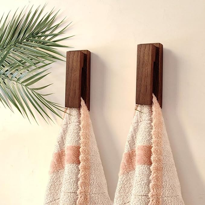 2Pcs Wooden Towel Racks for Bathroom, Wall Mounted Wooden Towel Hooks for Bathroom Kitchen Home Decoration Easy to Install Black Walnut