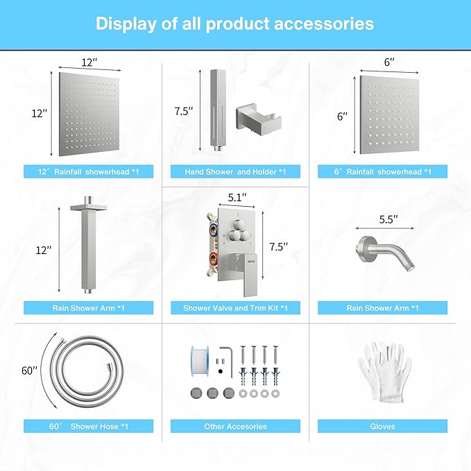 VANFOXLE Shower Faucet Set Brushed Nickel Shower System,Push Button Diverter Shower Faucet with 2 in 1 Handheld,Ceiling Mount Increased Thickness 12 Inch Shower Head with 6 Inch Wall Mount Shower Head