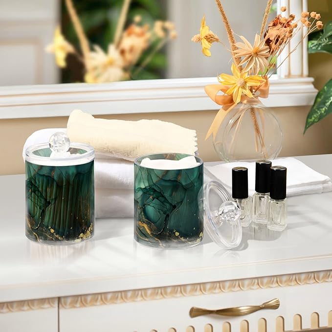 MNSRUU 4 Pack Qtip Holder Organizer Dispenser Turquoise Green Marble Bathroom Containers Bathroom Vanity Storage Canister Apothecary Jars for Cotton Swabs/Pads/Floss