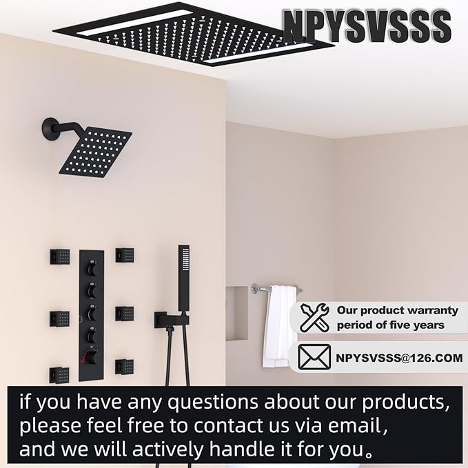 Thermostatic Shower System with 14x20 Inch Ceiling Mount LED Head & 6 Inch Wall Head and Handheld Shower 4 Function Vale with body jets Can All Run Together, Matte Black