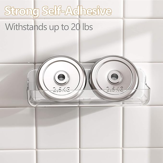 UDD Acrylic Clear Shower Caddy Shower Organizer, Plastic Adhesive Shelf with Hook and Self Adhesive Tape, No Drilling Wall Mount Shower Shelves for Bathroom Kitchen, Transparent