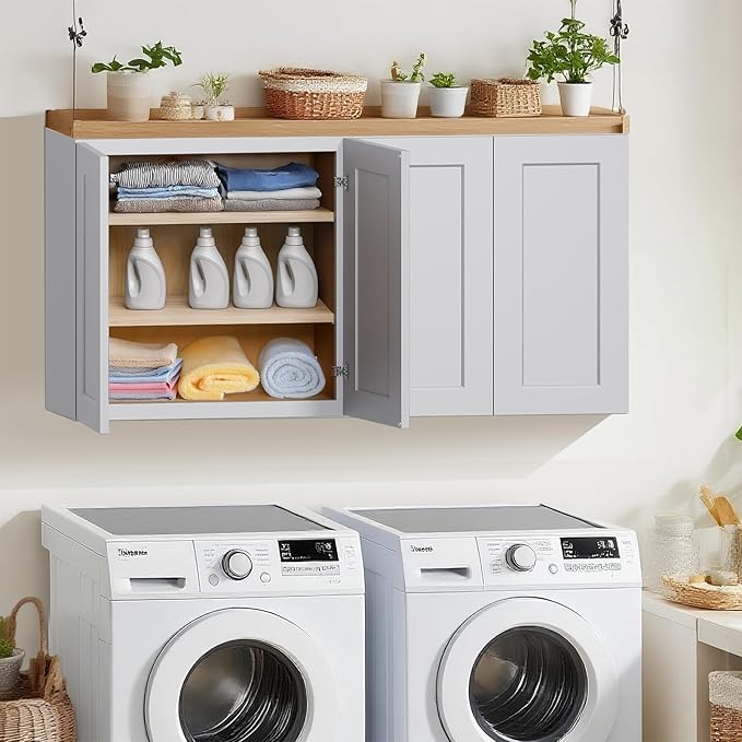 27 Inch Medicine Cabinet Wall Mounted, Solid Wood Over The Toilet Storage Cabinet, Bathroom Organizer Cabinets with 2 Door & 3 Shelves, Easy to Assemble for Laundry Room, Kitchen, Garage - Light Gray