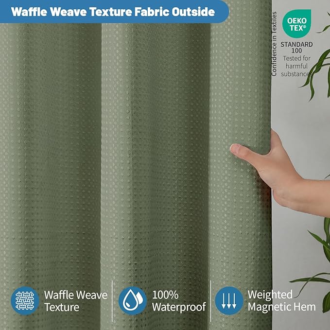 2-in-1 Waterproof Fabric Shower Curtain - No Separate Liner Needed, Hotel-Style Waffle Weave, Effortless Cleaning & Washable Bathroom Shower Curtain Set,72Wx72H,SageGreen