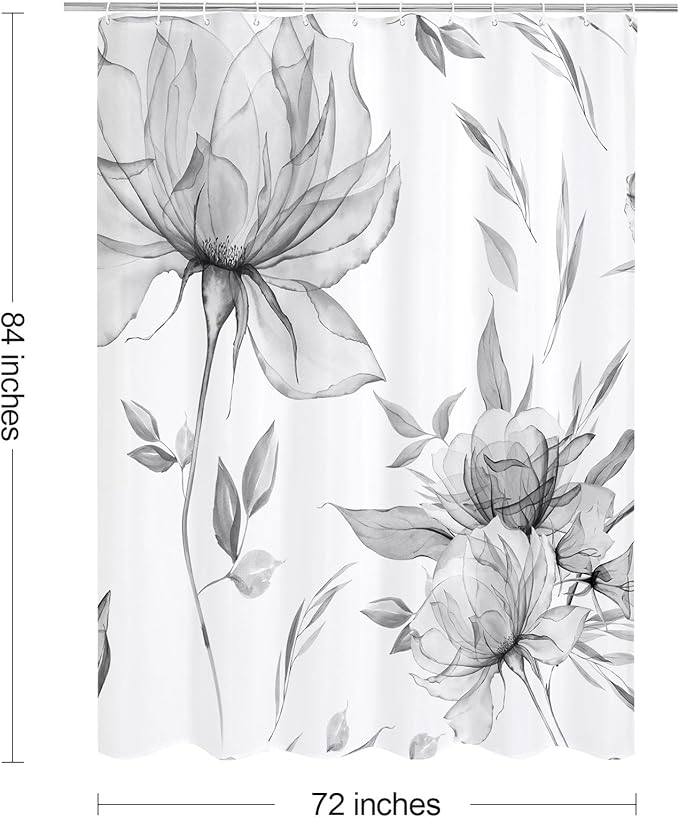 Extra Long Boho Watercolor Floral Shower Curtain 72 x 84, Grey Ink Painting Style Flower Shower Curtains for Chic Elegant Bathroom, Artistic XL Fabric Cloth Shower Curtain