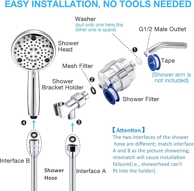 Filtered Shower Head Combo, Includes 20 Stage Shower Filter Head, High Pressure Handheld Spray Showerhead, Hose, Shower Arm Mount Holder, for Hard Well Water Chlorine, Chrome (S20)