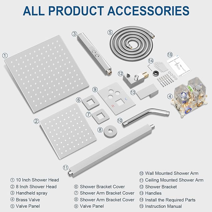 Shower Faucet Set Polished Chrome Shower System, Ceiling Mount 10 Inch Shower Head With Wall Mount 6 Inch Shower Head and 2 in 1 Handheld Spray, Push Button Diverter Shower Valve Trim Kit