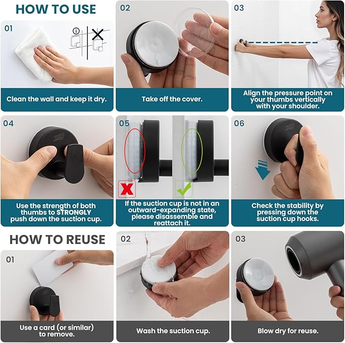 TAILI Stylish 304 Stainless Steel Bathroom Suction Hooks for Towel, Bathrobe, Loofah, No Damage Hanging Glass Shower Wall Hook, Patented Strong Suction Cup Holder, Hold Up to 11 Lbs, A-Cylinder Black