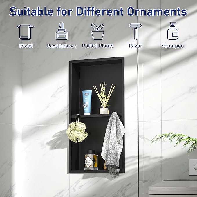Stainless Steel Shower Niche w/Hooks, Wall Vertical Niche Without Tiling, Recessed Shower Shelf for Bathroom Storage, Over-Mount Installation (Black, 12'' x 24'')