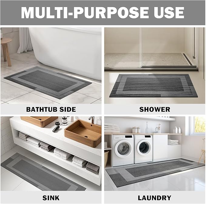 Non Slip Long Bath Mat Bathroom Runner, Rubber Backing Ultra Thin Bathroom Rugs Fit Under Door Quick Dry Super Absorbent Washable Bath Rug Shower Mat for Bathtub Sink Floor, Dark Grey 24"x48"