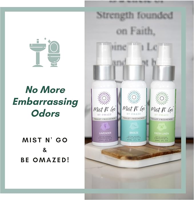 Mist N’ Go by Omaze Travel Bathroom Spray for Toilet Spray Odor Eliminator - Travel Toilet Spray for Bathroom Air Freshener Spray for Bathroom Deodorizer - Fresh Linen Regular Size (2oz x2)