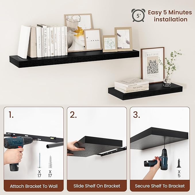 Vivelove 2 inch Thick Floating Shelves for Wall 55 Inches Long, 12" Deep Wall Shelves, for Bedroom, Bathroom, Living Room, Kitchen, Office, Modern Home Decor, 48" X 12" X 2", Set of 2, Black