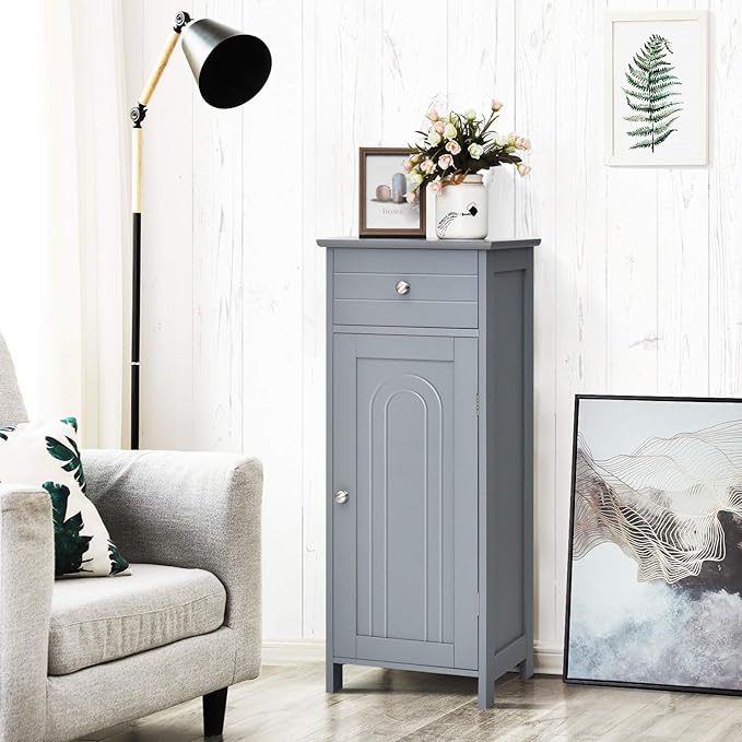 DORTALA Bathroom Floor Cabinet, Free-Standing Wooden Floor Storage Cabinet w/Large Drawer & 2 Adjustable Shelves, Morden Side Storage Bathroom Organizer Cabinet for Living Room, Grey