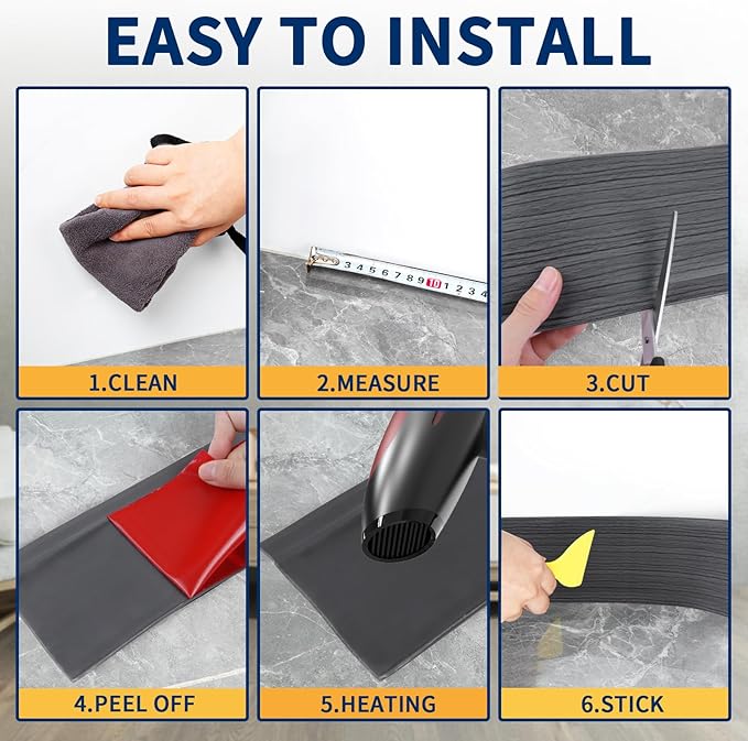 Flexible Baseboard Molding Trim 4 Inch Self-Adhesive Vinyl Wall Base Peel and Stick Cove Base Rubber Wall Baseboard Moulding Trim (200Ft, Deep Gray Wood Grain)
