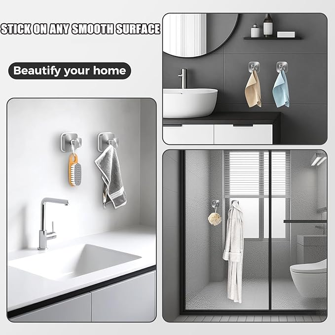 2Pcs Square Suction Cup Hook, 304 Stainless Steel Shower Hook, Removable Suction Cup Knob for Shower, Bathroom, Kitchen, Glass Door, Mirror (Silver)