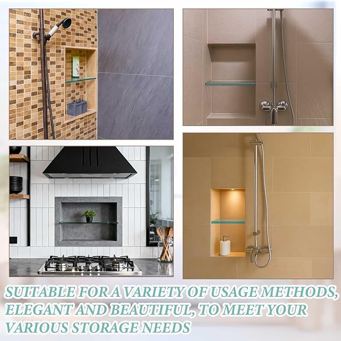 2 Pcs 13-5/8" X 4-1/4" X 3/8'' Thick Tempered Glass Shelf Clear Flat Polished, Flush-Mounted Floating Shelf for Bathroom Essentials & Shower Niche No Mounting Hardware Required