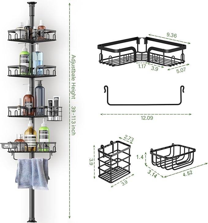 Corner Shower Caddy Tension Pole, 4-Tier Rustproof Bathroom Organizer Storage for Inside Shower Bathtub Shampoo,39 to 113 Inch Adjustable Floor Standing Shelves Black