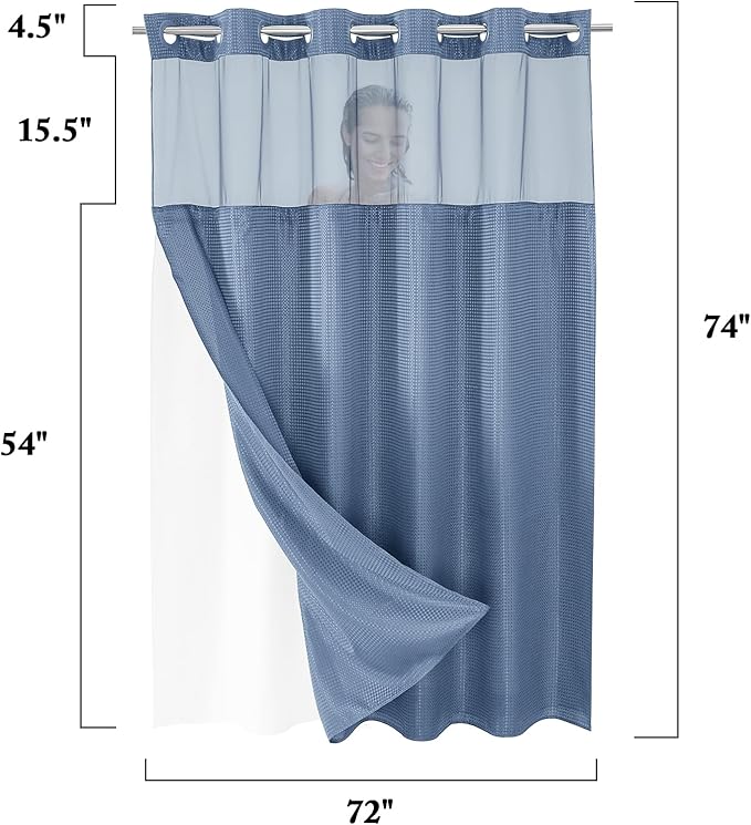 Gibelle No Hook Waffle Weave Shower Curtain with Snap-in Fabric Liner Set for Bathroom, Hotel Style with Mesh Top Window, Waterproof & Washable, Moonlight Blue, 72x74