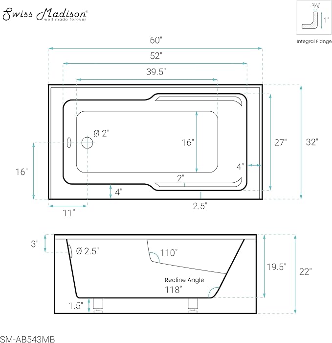 Voltaire 60 in. x 32 in. Acrylic Matte Black, Skirted Alcove, Integral, Left-Hand Drain, Apron Bathtub