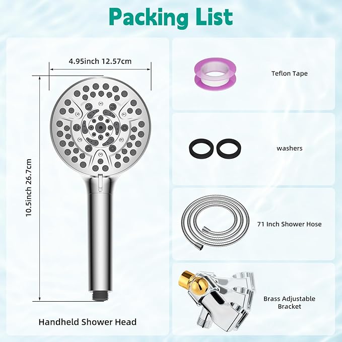 Hibbent cUPC Certified High Pressure 10-mode Shower Head, Handheld Showerhead with Adjustable Brass Joint Holder, 71" Metal Hose, Anti-clog Nozzles, Built-in Power Wash to Clean Tub & Pets, Chrome