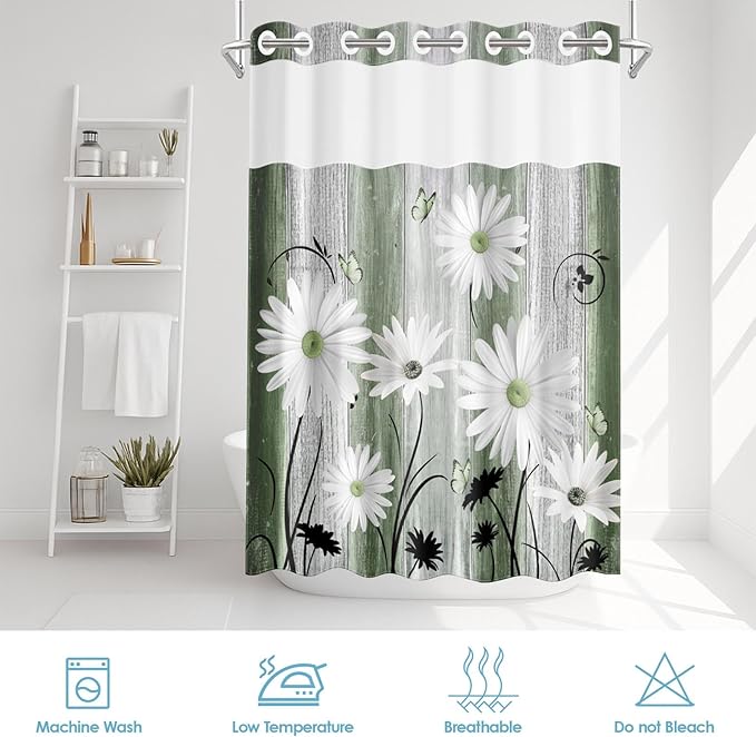 No Hook Green Daisy and Butterfly Shower Curtain with Snap in Fabric Liner Set, Rustic Farmhouse Double Layers Waterproof Fabric with See Through Top Window Open Grommet Bath Curtain 54x80 Inch