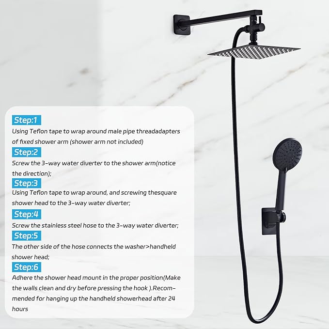 Shower Head 8'' High Pressure Rainfall, Handheld Shower Combo with 11'' Extension Arm, 5 Spray, Anti-leak Luxury Premium Quality, Rainfall Shower Head with Handheld Spray Combo, Matte Black