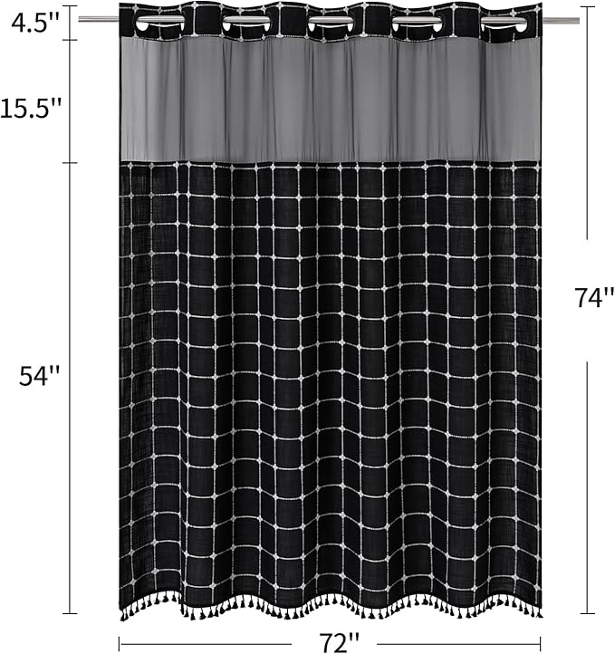 No Hooks Required Farmhouse Shower Curtain with Snap-in Liner - with Window & Magnets, Boho Cotton Linen Fabric Shower Curtains with Tassels for Rustic Bathroom Decor, Black and White, 72 x 74