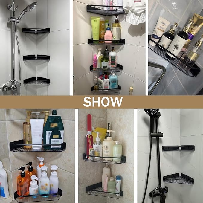 Corner Shower Caddy, 2 Pack Adhesive Bathroom Shelves,Acrylic Shower Shelf Rack, No Drilling Bathroom Organizers and Storage Racks,Black