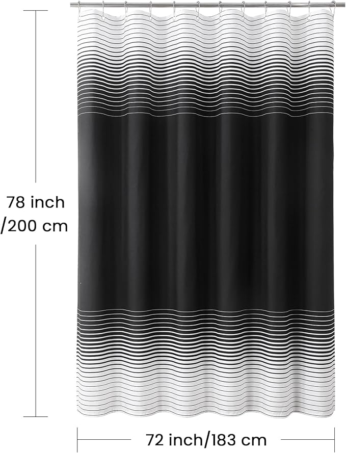 Black Shower Curtain 78 Inches Long, Modern Black and White Gradient Horizontal Stripe Waterproof Polyester Shower Curtains for Bathroom, 72x78 Inches