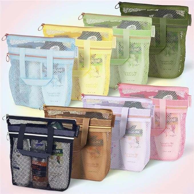 Mesh Shower Bag 10.2x9.9'' Quick-Dry Caddy with Zipper & 2 Pockets. Portable Toiletry Tote for Bathroom, Gym, Travel, Camp, Beach, for Sunscreen, Dorm & College Essentials (Brown)