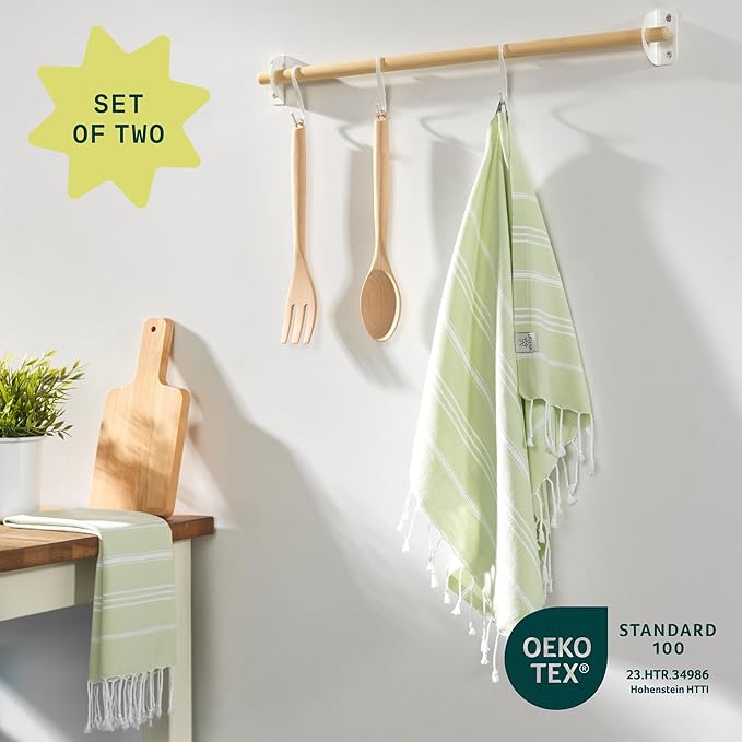WETCAT Turkish Hand Towels with Hanging Loop, Set of 2 (20" x 30") 100% Turkish Cotton, Pre-Washed, Quick Drying, for Kitchen or Bathroom - Seafoam Green