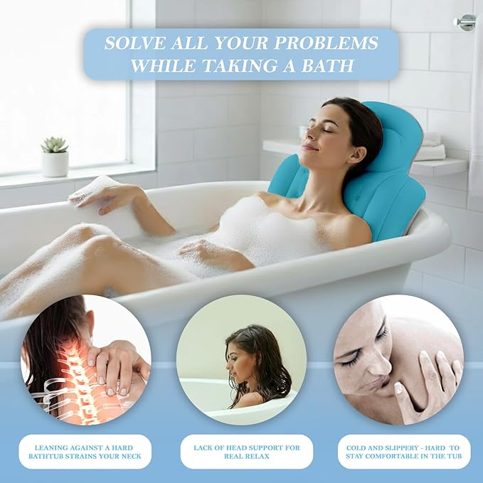Bath Pillow for Tub | 4D Air Mesh Fabric - Plush Bathtub Pillow for Neck & Back Support, Hot Tub Pillow with 6 Non-Slip Suction Cups | Spa Pillow for Relaxation and Comfort (White). (Full Body Blue)