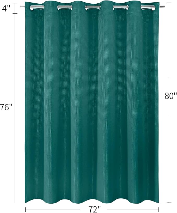 MitoVilla Dark Green Long Shower Curtain Liner Set 72 x 80, No Hooks Needed 80 inch Long Heavyweight Waffle Fabric Shower Curtain Set with Snap-in Liner for Hotel Grade Spa-Like Bathroom Decor