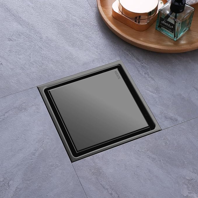Hidden Brushed Square Shower Floor Drain, Black 6 inch, 304 Stainless Steel, with Flange, Detachable Cover Embedded in Ceramic Tiles