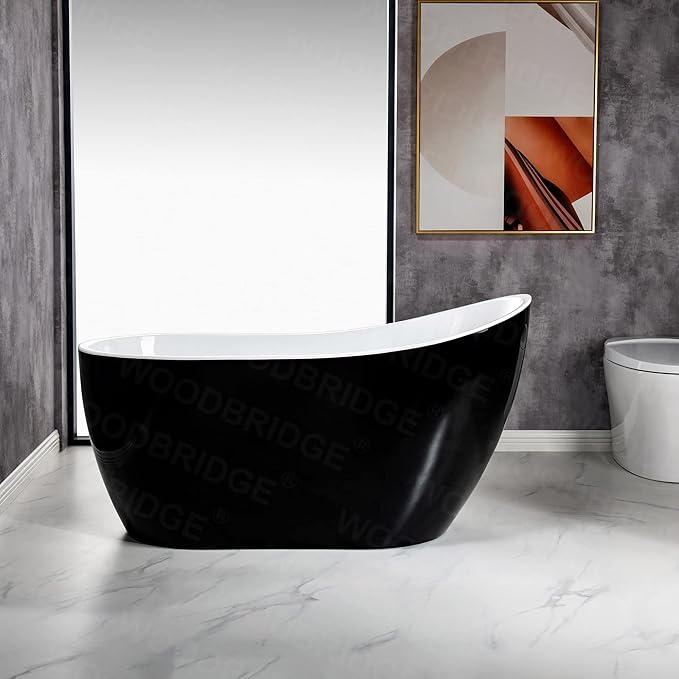 WOODBRIDGE 54" Freestanding White Acylic Soaking Bathtub with Matte Black Drain and Overflow,Black,B1807-MB