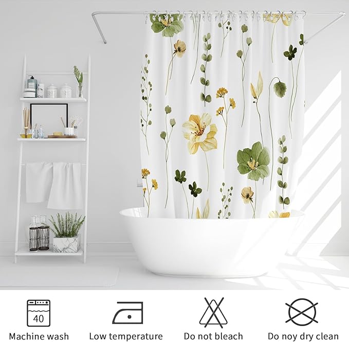 Gibelle Small Stall Shower Curtain 36 x 72, Narrow Half Watercolor Floral Fabric Shower Curtain, Olive Green Beige Flower Decorative Bathroom Shower Curtain Set