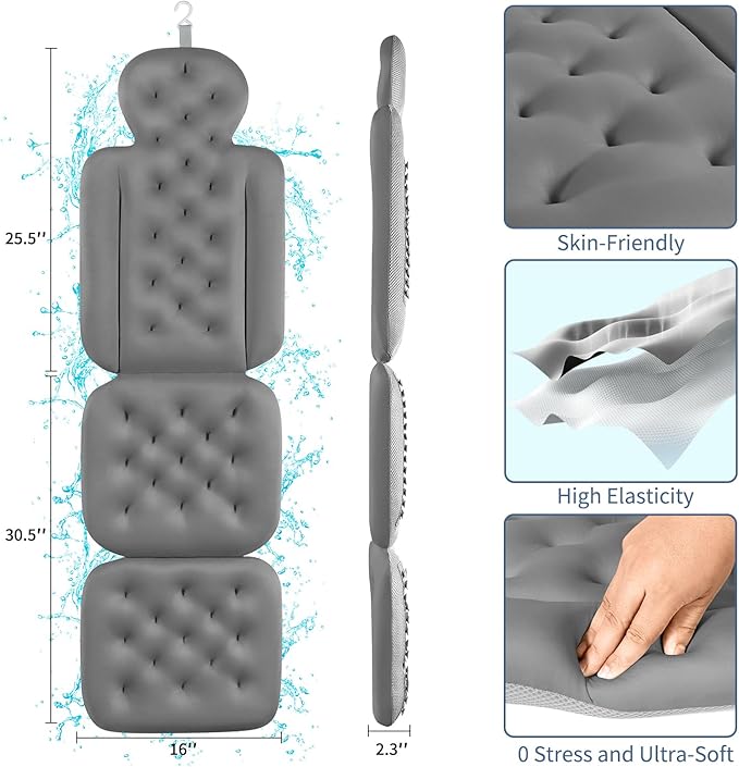 Bath Cushion, Full Body Bathtub Pillow with 160 Suction Cups, Bath Mat for Head and Neck Support, with Laundry Bag (Dark Gray, 56.2" x 16.2")