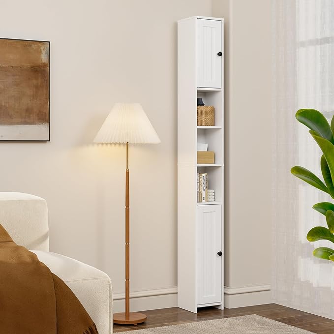 RRX Tall Slim Bathroom Storage Cabinet with 2 Doors,Adjustable Shelves,7.87''L*7.87''W*67''H, Narrow Cabinet with Anti-Tip for Toilet Paper Corner,Small Spaces, Kitchen,Bathroom (Milky White)