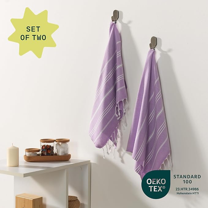 WETCAT Turkish Hand Towels with Hanging Loop, Set of 2 (20" x 30") 100% Turkish Cotton, Pre-Washed, Quick Drying, for Kitchen or Bathroom - Lilac