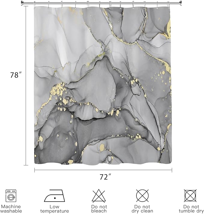 Long Shower Curtain 72 x 78 Inch, Tall Abstract Marble Shower Curtains for Bathroom Decor, Modern Luxury Art Decor Ink Texture Fabric Shower Curtain Set with Hooks, Grey