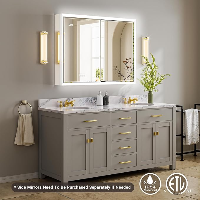 40x30 Beveled Lighted Medicine Cabinet with Mirror & Lights, Surface or Recessed Mirrored Medicine Cabinet with Outlet & Clock, Anti-Fog Dimmable LED Storage Cabinet, Built-in Sensor Light