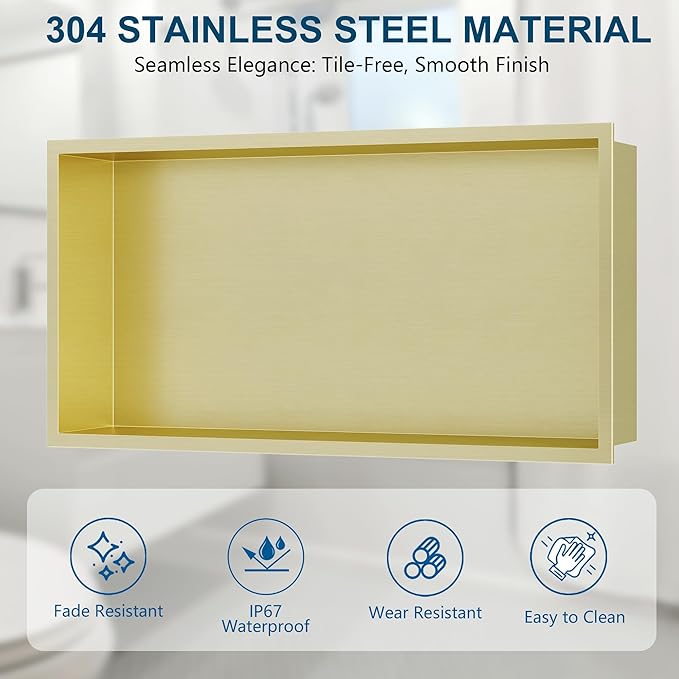 Neodrain No Tile Shower Niche, Golden Stainless Steel Wall Niche 25.1"X13.1"(Inner Size 24"X12"), NO Tile Needed Recessed Cabinet for Bathroom Storage, Waterproof Cubby